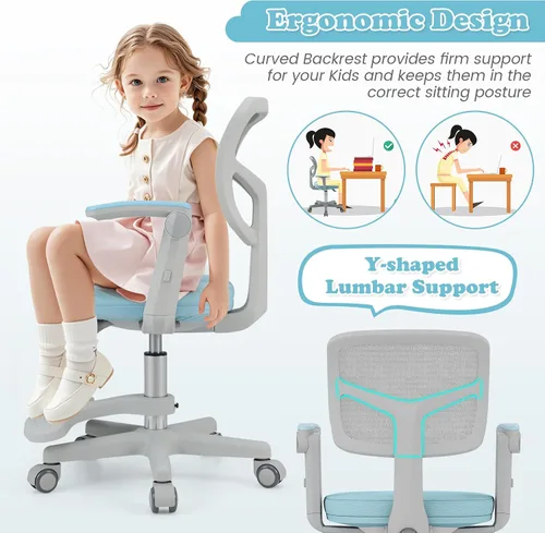 Vista 5 de Giantex Silla de escritorio para niños, silla rodante ergonómica ajustable con reposapiés y apoyabrazos abatibles, silla de oficina para niños