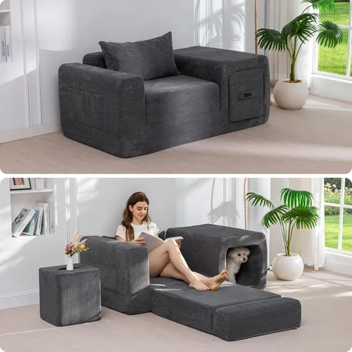 Vista 10 de MAXYOYO Sofá plegable, sofá convertible con reposabrazos, sofá multifuncional con almohada y bolsillos, sofá deshuesado para sala de estar