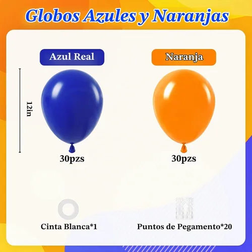 Vista 2 de 60 globos azul real y naranja con globos naranja y azul de 12 pulgadas Azul Naranja