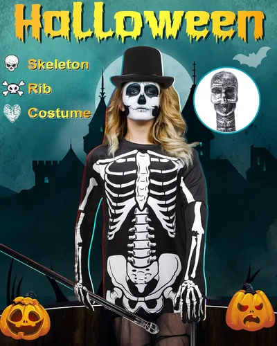 Vista 5 de Panitay 5 Pcs Halloween Skeleton Costume for Men Skeleton Rib T-Shirt Bone Gloves Walking Cane Ghost Mask for Cosplay Party