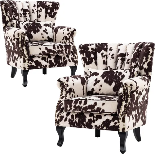 Vista 44 de Juego de 2 sillas decorativas modernas de mediados de siglo, sillón de tela de lino con respaldo acolchado/patas de madera, sillón de descanso