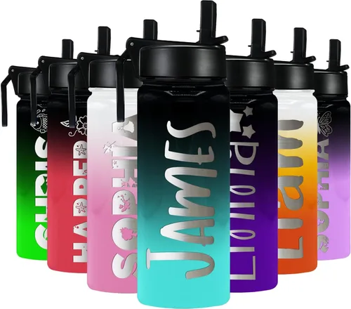Vista 18 de Botella de agua personalizada para niños con tapa de popote en azul aguamarina degradado para la escuela, nombre personalizado para niños, 18 onzas