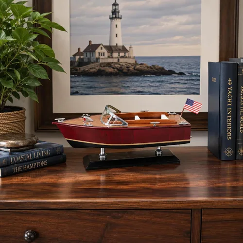 Vista 4 de Modelo de lancha rápida de madera, decoración clásica de barco Runabout de 10 pulgadas Ideal for lake house beach home office bookshelf mantel or