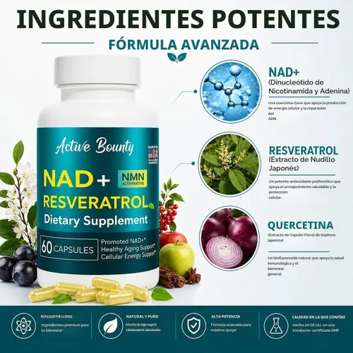 Vista 4 de Suplemento de resveratrol NAD+ con quercetina – Alternativa NMN para apoyo de energía celular, concentración y envejecimiento saludable – Fórmula