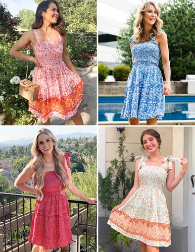 Vista 7 de ZESICA Vestido corto de playa con estampado floral bohemio de verano 2023 para mujer con tirantes delgados cuello cuadrado volantes acampanado
