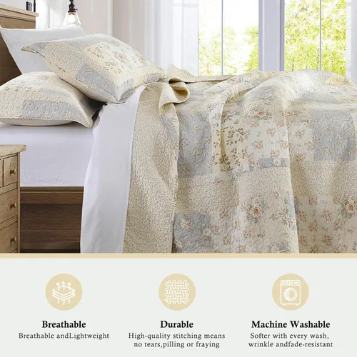 Vista 6 de Colcha extragrande de 100 % algodón, 120 x 120, estampado floral beige