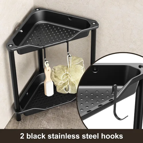 Vista 4 de Orimade Organizador de ducha esquinero de 2 niveles resistente a la oxidación, estante de esquina de piso de metal y plástico para baño, negro