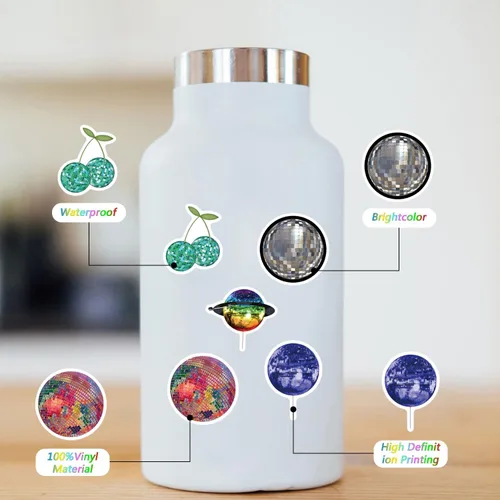 Vista 6 de Paquete de 130 calcomanías de bola de discoteca, calcomanías de vinilo impermeables y estéticas para botellas de agua, laptop, teléfono, álbumes