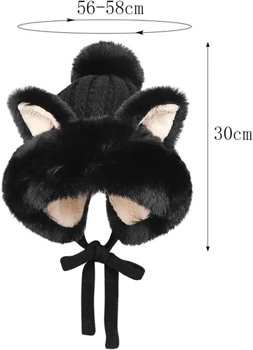 Vista 5 de Gorro de invierno de piel sintética para mujer, con orejas de gato de zorro, con orejera, pompón, sombrero de trampero de felpa cálida rusa