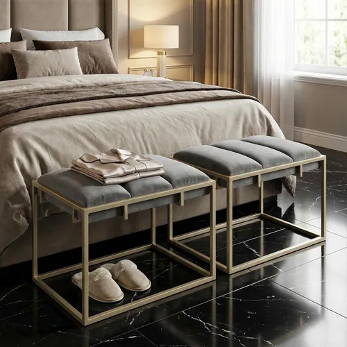 Vista 8 de Cortesi Home Bourne otomana rectangular de 20 pulgadas de alto terciopelo gris y metal dorado champán