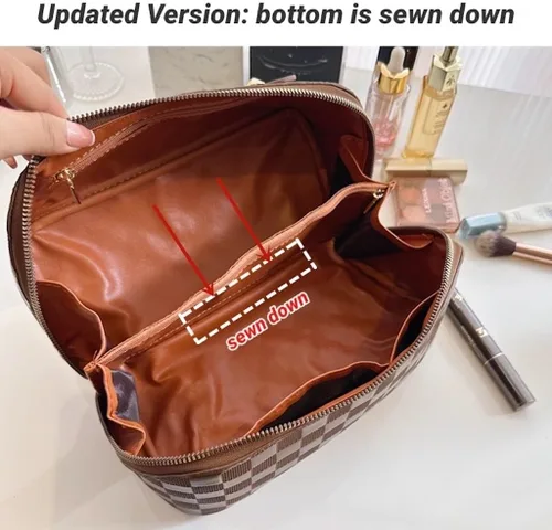 Vista 5 de Bolsas de maquillaje a cuadros de gran capacidad, bolsas de cosméticos portátiles de viaje, bolsa de aseo abierta y plana para mujeres y niñas