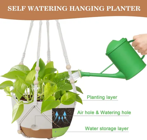 Vista 5 de Paquete de 3 macetas colgantes para plantas de interior, maceta colgante de riego automático de 10 + 10 + 8 pulgadas, colgador de plantas de macramé