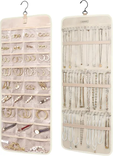 Vista 8 de BAGSMART Organizador de joyas colgante con rollo de almacenamiento y ganchos metálicos de doble cara para aretes, collares, anillos en armario, Negro