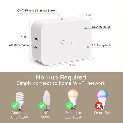 Vista 8 de Treatlife - Enchufe de atenuación inteligente Alexa, interruptor de atenuación de lámpara enchufable para LED regulable, CFL, bombillas halógenas e