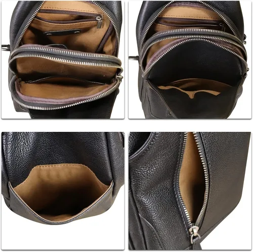 Vista 7 de LRTO Bolso bandolera de cuero genuino para hombres y mujeres, bolso cruzado de hombro de cuero real, bolsa de pecho, mochila