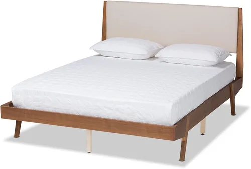 Vista 10 de Baxton Studio Senna Mid-Century - Cama de plataforma tapizada de tela gris moderna y acabado marrón nogal, tamaño King