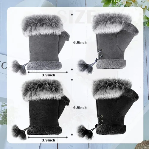 Vista 2 de 2 Pairs Women Fur Fingerless Gloves Winter Rabbit Fur Half finger Mittens for Women Girls Teen Working Writing