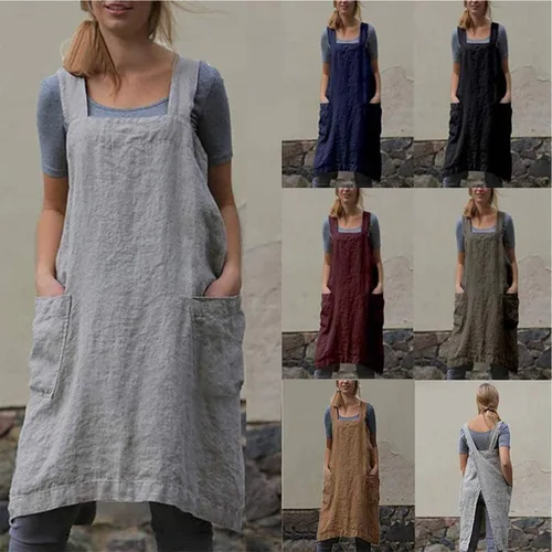 Vista 5 de Delantal Pinafore con espalda cruzada con bolsillos, delantal de lino y algodón, talla grande