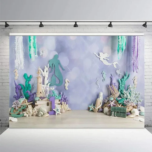 Vista 7 de MEHOFOND Telón de fondo de fotografía de sirena bajo el mar, 7 x 5 pies, decoración de fiesta de cumpleaños para niña, decoración de fiesta