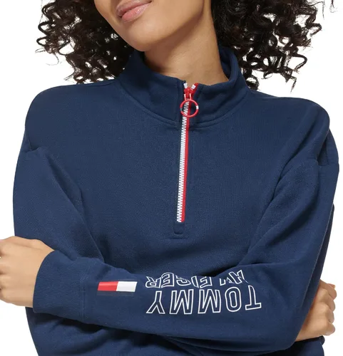 Vista 4 de Tommy Hilfiger Women's Gathered Hem with Bungee Kanga Pocket Ring Puller on Zipper Quarter Zip