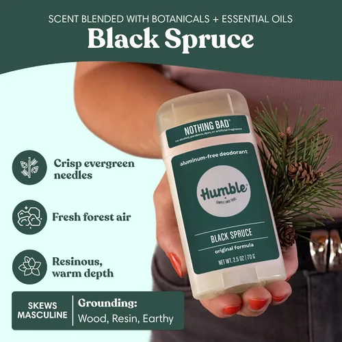 Vista 4 de Humble - Desodorante sin aluminio para mujeres y hombres, Black Spruce - Desodorante natural limpio y fresco en barra con aceites esenciales para un