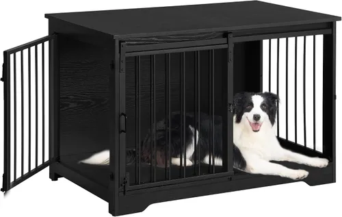 Vista 11 de Hzuaneri Mueble de jaula para perros de 27.2 pulgadas con puerta de granero, perrera resistente para interiores con 2 puertas, mesa auxiliar jaula