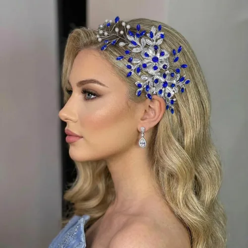 Vista 2 de Diadema nupcial con peine para el cabello - Diadema de boda para novias (azul)