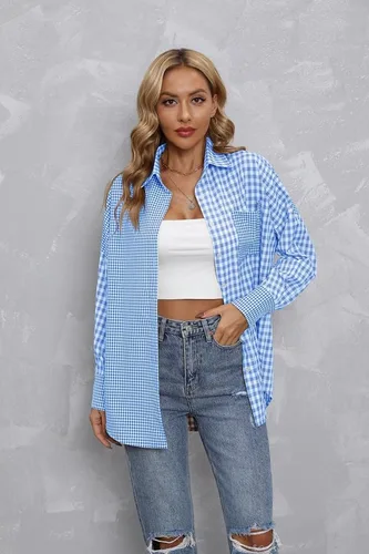 Vista 2 de Cugoodte Camisas a rayas con botones para mujer, manga larga, bloque de color, casual, negocios, trabajo, blusas con bolsillo
