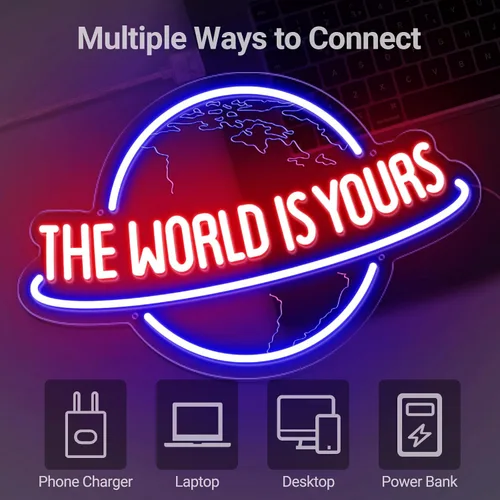 Vista 5 de Letrero de neón The World Is Yours, regulador remoto, planeta, lámpara de luz de neón LED para decoración de pared, alimentación USB para hombre