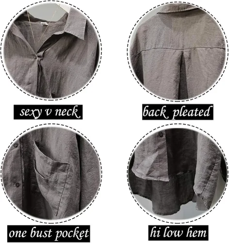 Vista 6 de FTCayanz Blusas casuales de lino para mujer, cuello en V, manga larga, con botones