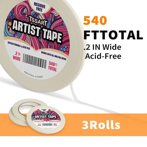 Vista 2 de Paquete de 3 cintas blancas para artistas, cinta adhesiva para dibujar, acuarela, pintura, lienzo, enmarcado, sin ácidos, 0.2 pulgadas de ancho