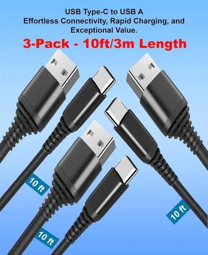 Vista 2 de Paquete de 3 cables USB tipo C a USB A de 10 pies – Cables trenzados QC de carga rápida de 10 pies compatibles con iPhone 15, MacBook Pro, iPad mini