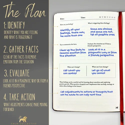 Vista 5 de Calm Collective Kit de diario guiado para aliviar la ansiedad por TCC para terapia de salud mental con bolígrafo gratuito incluido, indicaciones