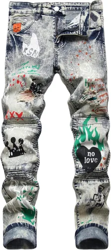 Vista 17 de Baylvn - Pantalones de mezclilla para hombre con diseño patchwork, ajustados y cómodos, estilo motociclista 3132 Camuflaje y azul