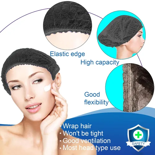 Vista 3 de Gorras desechables Bouffant, 100 unidades, 21 pulgadas, red de pelo elástico para servicio de alimentos, cubierta de cabeza para dormir (negro)