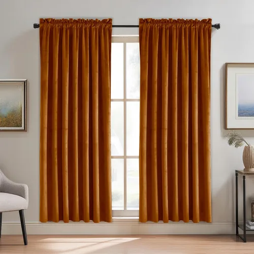 Vista 57 de JIUZHEN Cortinas de terciopelo beige de 63 pulgadas de ancho x 63 pulgadas de largo, cortinas de terciopelo retro suaves con bolsillo para barra