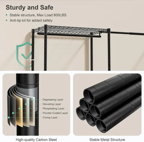 Vista 6 de SEMHOR E01 - Perchero extensible y resistente, organizador de sistema de armario independiente, estantes portátiles ajustables de acero al carbono