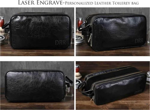 Vista 3 de Neceser de cuero personalizado para hombre, kit de afeitado de viaje, bolsa de cosméticos grande, organizador de baño, Negro
