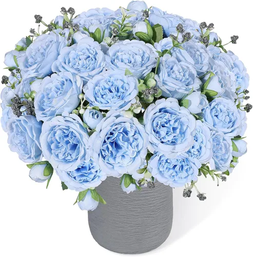 Vista 26 de Flores artificiales de seda, ramo de peonías sintéticas beige, 4 paquetes de arreglos florales para decoración de casa de campo, centro de mesa