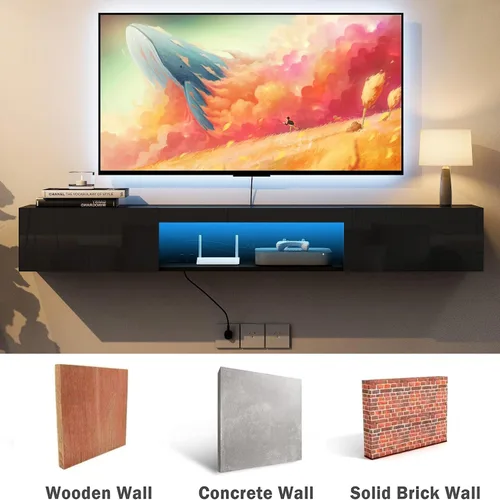 Vista 3 de Soporte flotante para TV montado en la pared con toma de corriente, moderno centro de entretenimiento flotante para TV de 70 pulgadas, estante