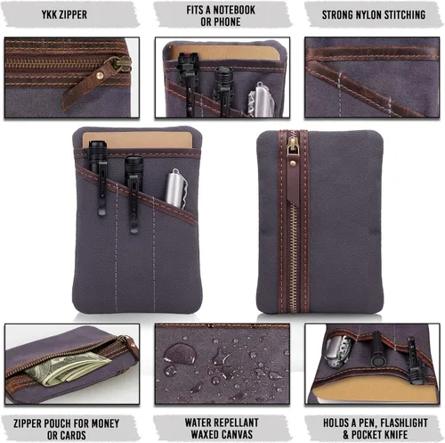 Vista 3 de Organizador de bolsillo EDC de lona encerada para hombres, bolsa de bolsillo trasero multiherramienta para teléfono/portátil, bolígrafo