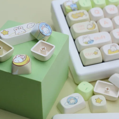Vista 2 de MOA - Teclas de perfil de conejo, lindo conejo personalizado PBT Dye-sub Keycap 144 teclas para teclado mecánico, juego de teclas de tamaño completo