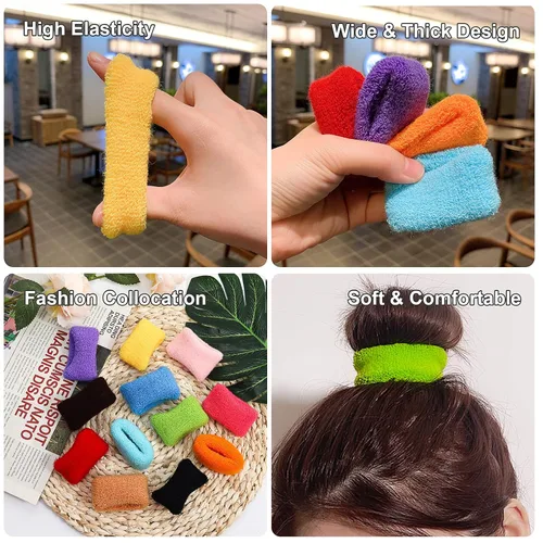 Vista 3 de Juego de 24 bandas elásticas de toalla extra suaves para el cabello, de algodón de rizo de algodón elástico, esponjoso, grueso, banda de goma sin