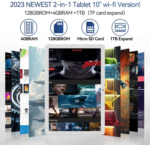 Vista 2 de Tablet 10.1 pulgadas 128 Almacenamiento+1TB Expandir 2 en 1 Tabletas Android, Tablet con funda de teclado Mouse, 5G Dual WiFi, GPS, Octa Core