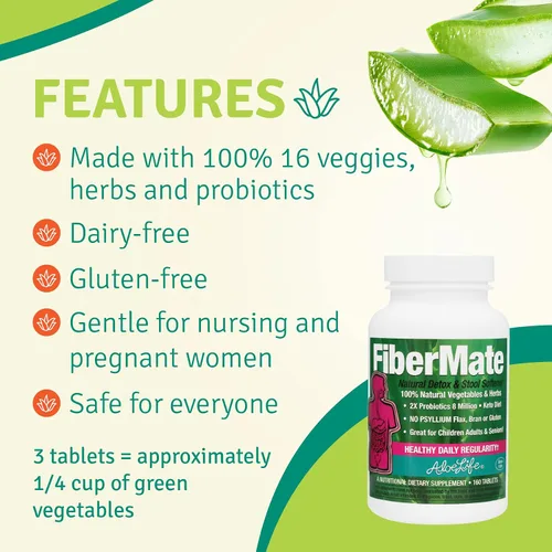 Vista 5 de Aloe Life - Tabletas FiberMate, desintoxicación corporal y suavizante de heces, verduras y hierbas, alivio suave de irregularidad, apoyo digestivo