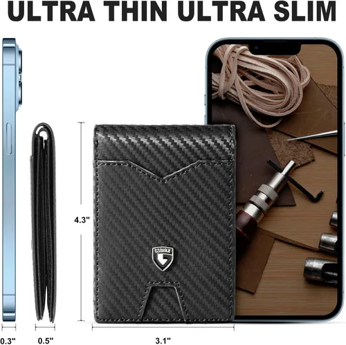 Vista 5 de GSOIAX Billetera delgada para hombre minimalista de cuero genuino fibra de carbono con bloqueo RFID de cuero vacuno plegable con caja de regalo