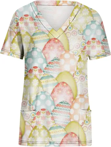Vista 4 de Flower Print T Shirt for Women Fall Summer Short Sleeve V Neck Work Scrub Easter Tops T Shirt Women 2023 Fashion