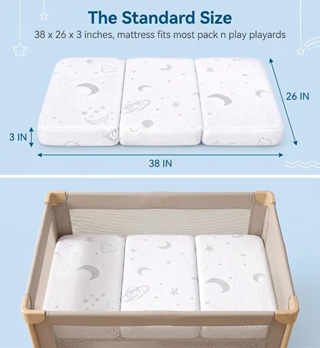 Vista 3 de Tri-fold Pack and Play Mattress, 38x26 Memory Foam & High Density Foam Baby Mattress for Pack N Play, Foldable Travel Pack N Play Mattresses