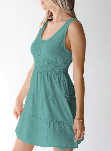 Vista 3 de Dokotoo Vestidos de verano para mujer, sin mangas, con botones, cintura elástica, volantes, escalonados, casual, con vuelo, mini vestido