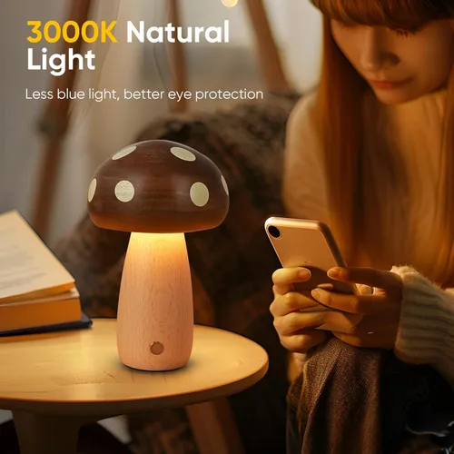 Vista 3 de LONRISWAY Paquete de 2 lámparas de mesa LED de madera con forma de hongo, lámparas pequeñas recargables inalámbricas táctiles, luz nocturna